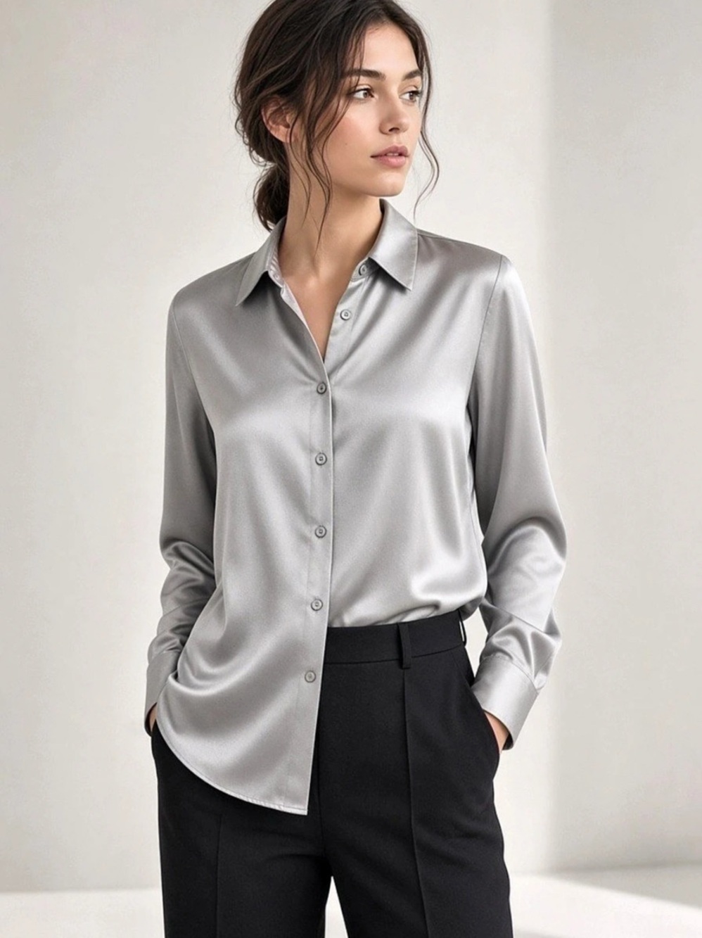 H&M Satin Button Down Shirt in Light Blue, Oversized Small